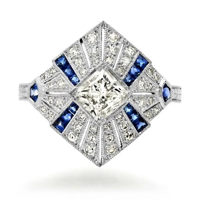 Anillo de compromiso Art Deco de platino con zafiro diamante talla princesa hecho a mano natural Foto 1 de 4