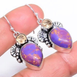 Copper Purple Turquoise, Smoky Topaz Gemstone 925 Silver Earring 1.7" I851 - Picture 1 of 8