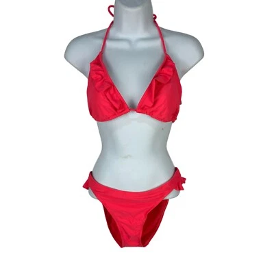 Conjunto de bikini OP rosa de dos piezas con volantes halter superior e inferior con corbata lateral talla L Foto 1 de 4