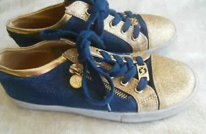 Girls MICHAEL KORS Malaga Blue & Sparkly Gold Side-zip Sneakers Size 2 - Picture 1 of 6