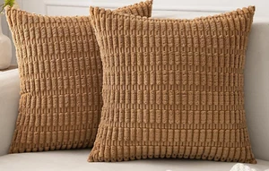 Pair 18 x 18 CHENILLE CORDUROY STRIPE PILLOW COVERS , Coffee Brown #J9 - Picture 1 of 2