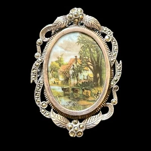 Antique Sterling Silver Marcasite Brooch With Porcelain Scene Signed by Artist - Picture 1 of 7