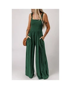 Azura Exchange Smocked Sleeveless Wide Leg Jumpsuit with Pockets Women Green - Picture 1 of 6