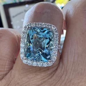 3Ct Emerald Lab Created Aquamarine Halo Engagement Ring 14K White Gold Plated - Picture 1 of 8