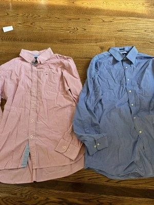 (2) Tommy Hilfiger Conjunto Camisa Grande Rayas Manga Larga Con Botones Naranja + Azul Foto 1 de 4