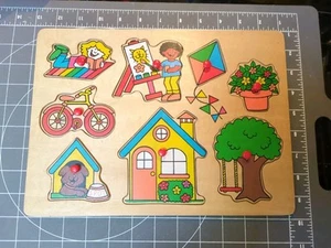 Vintage used wood puzzle Peg My House Tree Bike Multi Cultural Classroom Dog - Picture 1 of 6