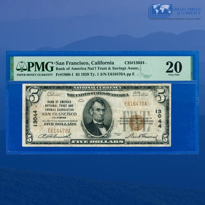 1929 $5 Bank Of America SAN FRANCISCO, CA, Charter #13044, PMG VF 20 - Image 1 of 3