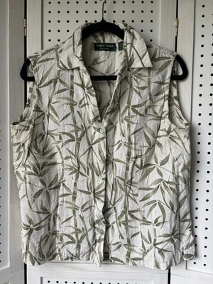 Camiseta sin mangas Lemon Grass para mujer L con botones estampado de hojas tropicales lino azul Foto 1 de 4