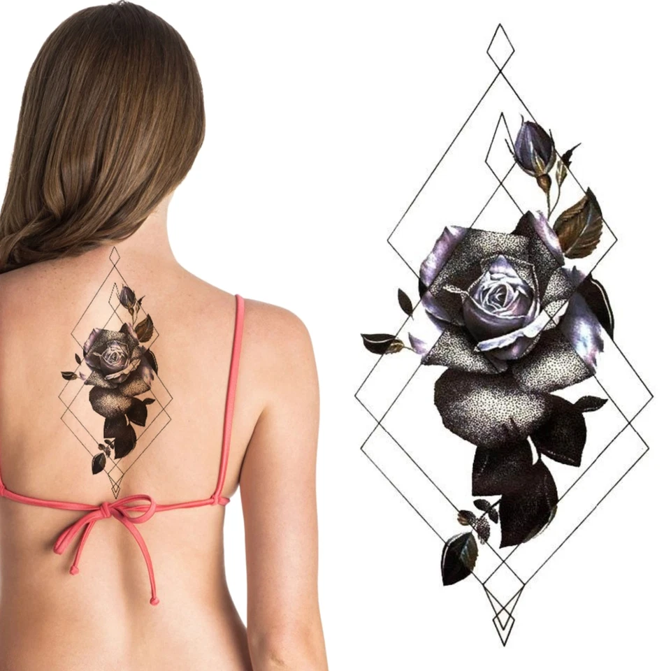 DELUSION TATTOOS Geometrisches Rose Temporäres Tattoo - Schwarz Lila 3D Körperkunst Damen Wasserdicht