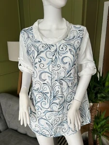 Valentina Naldi Top Blouse Linen L Made in Italy White Navy Embroidered - Imagen 1 de 8