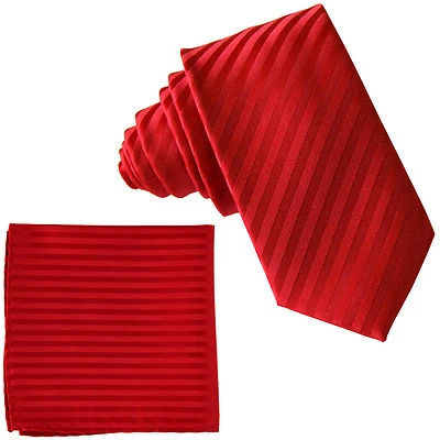 Nuevo Conjunto de Corbata y Pañuelo Poli Tejido Para Hombre 2.5" Delgado Tono Sobre Tono Rayas Rojo Foto 1 de 3