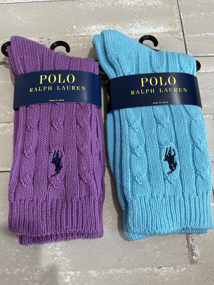 2 Ralph Lauren Polo Pony Damas Bota Calcetines 87% Algodón Cable Tejido Azul y Púrpura Foto 1 de 4