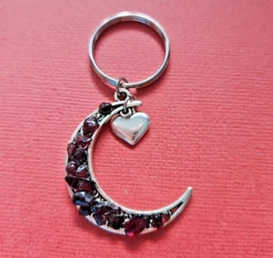 Garnet chip Keyring Crescent Moon and Heart Charms keychain gift crystal rock - Picture 1 of 3