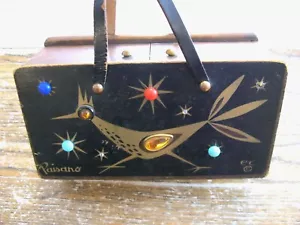 ENID COLLINS WOODEN BOX BAG PURSE W SLIDING TOP CLOSURE PAISANO ROAD RUNNER BIRD - Picture 1 of 24