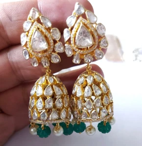 14kGold plating, Jhumka Polki moissanite & 925 sterling silver, wedding earrings - Picture 1 of 1