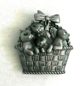 Vintage AJC Basket Full of Kitty Cats w/ Green Eyes Pewter Tone Lapel Pin - Picture 1 of 5