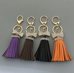 Leather Tassel Crystal Bowknot Handbag Keychain Key Ring Bag Accessories - Picture 1 of 6