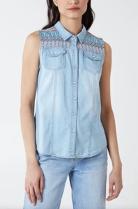 New Women Light Blue Embroidery Sleeveless Denim Jean Shirt Top.UK 8 10 12 14 16 - Picture 1 of 3