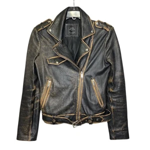 Giacca Motociclista Zara Trafaluc Pelle di Agnello Patina Invecchiata Nera Small - Foto 1 di 7