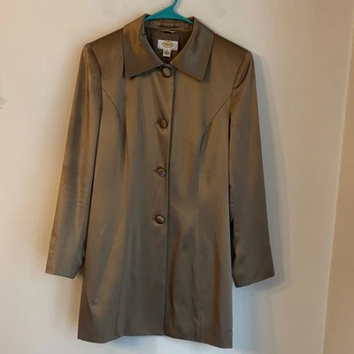 Abrigo de noche vintage Talbots 100 % seda elegante marrón/cobre para mujer gabardina 8P usado en excelente estado Foto 1 de 4
