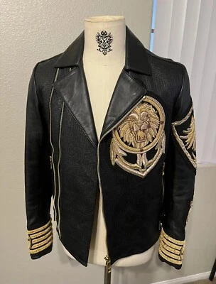 Chaqueta de Cuero Bordada Balmain X H&M León Dorado EE. UU. 36 EE. UU. Pequeña Extremadamente RARA Foto 1 de 4