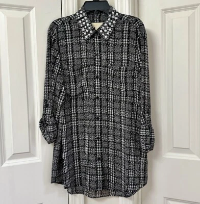 Camisa Michael Kors Tweed Estampado Haberdashery Georgette Manga Redonda, Talla-M Foto 1 de 2