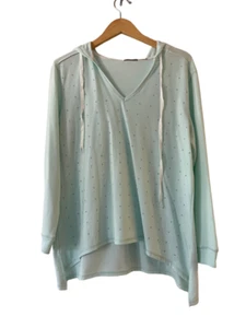 Three Hearts Hooded Pullover Sweater XL Green Studded Long Sleeve V-Neck Hi Low - Picture 1 of 8