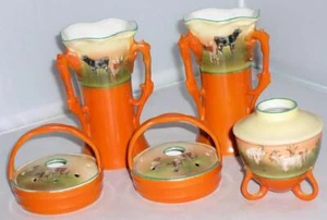 ART DECO ORANGE ROYAL BAYREUTH ANIMAL DRESSING TABLE VANITY TRINKET VASE SET - Picture 1 of 1