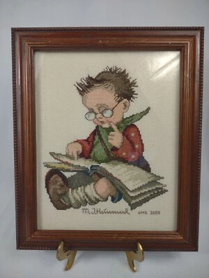 Винтажный M J Hummel счетным крестом вышивка ребенка W очки чтения закончил в рамке - Изображение 1 из 4