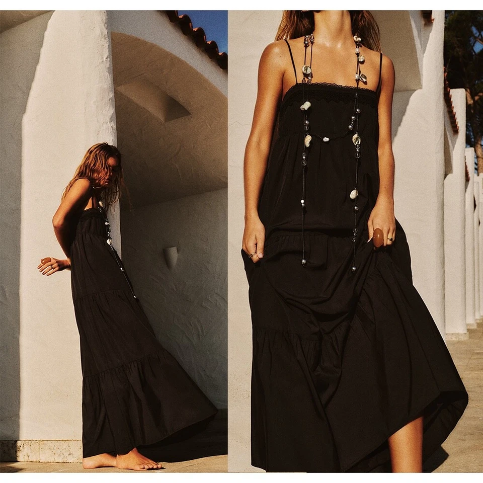 ZARA tiered poplin midi black 0881 dress size M