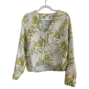 C&C California Linen Top Womens M Green Palm Tree Print Roll Tab Sleeves - Picture 1 of 5