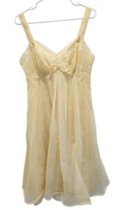 VTG Vanity Fair Nightgown Sheer Chiffon Nylon Lace Yellow Boudoir Babydoll Sz 36 - Picture 1 of 19