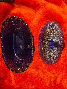 Cobalt Blue Pressed Glass Lidded Candy Dish Rose Pattern Oval Vintage Unmarked - Picture 1 of 6