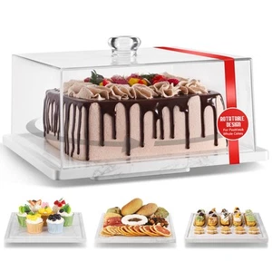 Rotatable Square Cake Stand with Dome,Marble Dessert Holder with Acrylic Lid,... - Picture 1 of 7