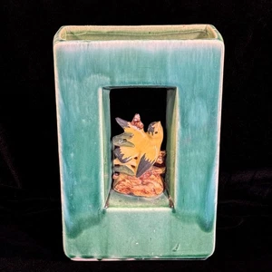 Vintage McCoy Arcature Shadow Box Vase grün gelb Vogel Midcentury Keramik USA SCHÖN - Bild 1 von 15