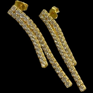 ORECCHINI ARGENTO 925 DONNA DOPPIA FASCIA DI PIETRE BRILLANTI PENDENTI COLOR ORO - Foto 1 di 10