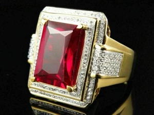 Men's Large Emerald Pink Ruby Simulated Pinky Ring 14k Yellow Gold Plated Silver - Picture 1 of 5