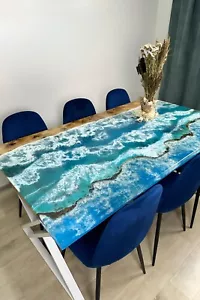 Handmade Ocean Epoxy Resin Table | Live Edge Dining Table | Sea Style Resin Art - Picture 1 of 15
