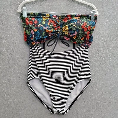 Traje de baño Time & Tru para mujer grande negro floral a rayas una pieza corbata trasera monokini Foto 1 de 4