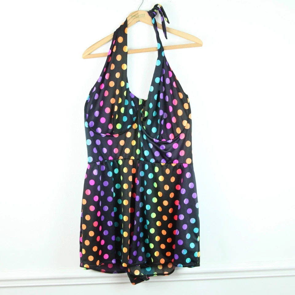 Traje de baño vintage talla grande 48 negro lunares arco iris maximalista años 90 resort Foto 1 de 4