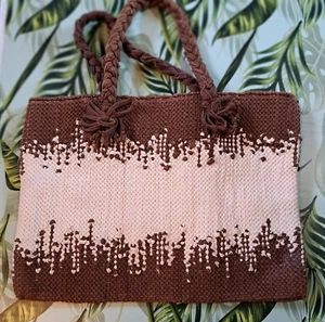 Makramee Häkel Handtasche Tasche Boho Beuteltasche geflochtene Griffe braun creme Oma Hobo - Bild 1 von 5