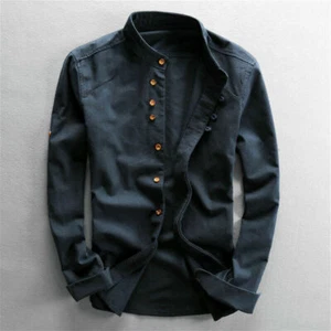 Cotton Linen Shirt Men Formal Retro Long Sleeve Mandarin Collar Frog Button Tops - Picture 1 of 12