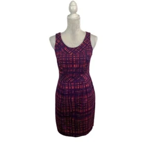 Merona Abstract Plaid Sheath Dress Purple Orange Sleeveless Side Zip Career 4 - Picture 1 of 9
