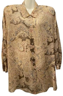 Blusa Dana Buchman Seda Marrón Paisley Botón Transparente Mujer Talla 14 Foto 1 de 4