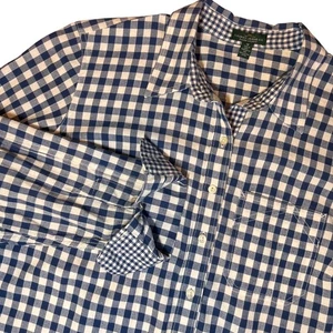 LRL Lauren Jeans Co Womens Navy White Gingham Button Down Collared Shirt 1XL - Picture 1 of 15