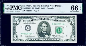 $5 1969A Federal Reserve *Star Note Dallas Fr#1970* PMG 66 EPQ Gem Uncirculated - Picture 1 of 3