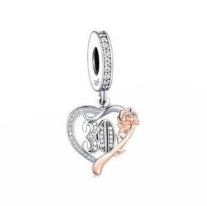 S925 Silver & Rose Gold Sparkling 30th Birthday & Rose Charm by YOUnique Designs - Picture 1 of 1