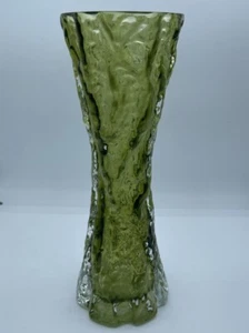 INGRID GLASHUTTE GERMANY TEXTURE BARK ICE ROCK CRYSTAL GREEN GLASS VASE MCM - Picture 1 of 9