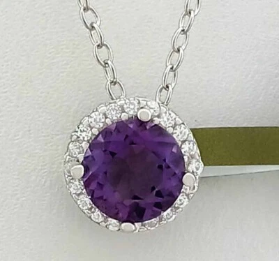 GENUINE 1.10 Cts AMETHYST & W/SAPPHIRES PENDANT NECKLACE .925 Silver  - NWT - Image 1 of 4