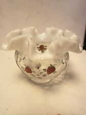 Fenton Ruffled Rim White Opalescent Hand Painted Strawberry Vase - Artist Signed